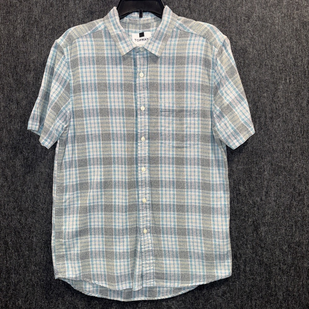 Topman Mens Large Blue Gray Plaid Button Down Short Sleeve Flannel Shirt Cotton